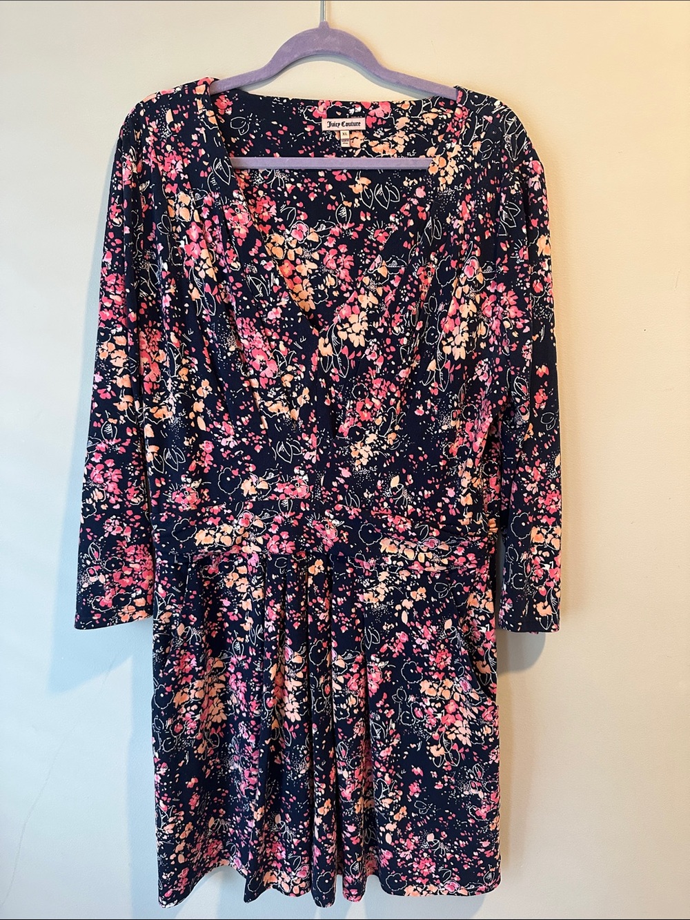 Juicy Couture Navy Floral Wrap Dress with Pink & Cream Blooms